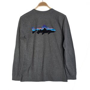 Patagonia Fitz Roy Trout Responsibili-Tee Men M Gray Long Sleeve Outdoor Fishing